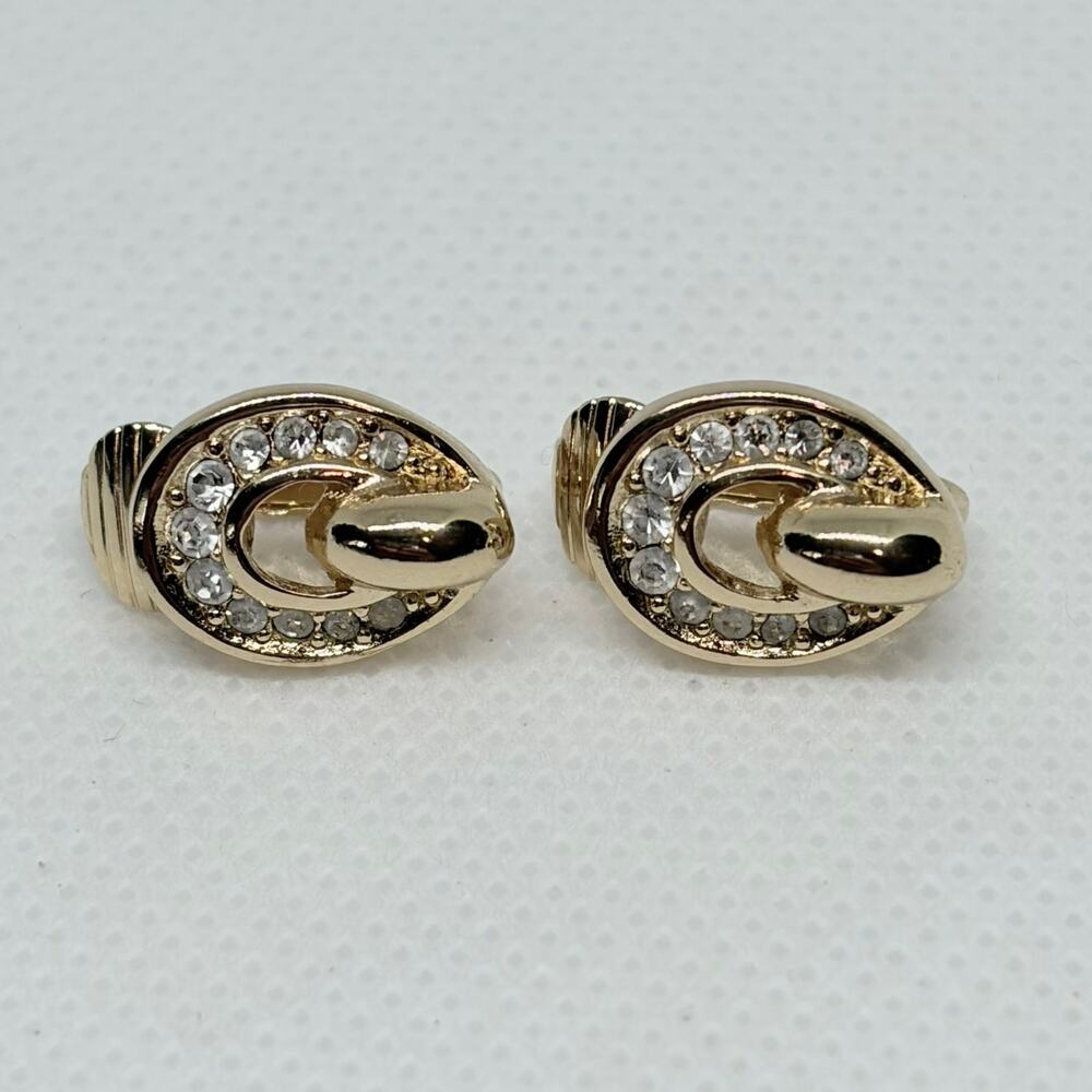 Christian Dior Vintage Gold Tone Rhinestone Oval Clip On Earrings Stamped